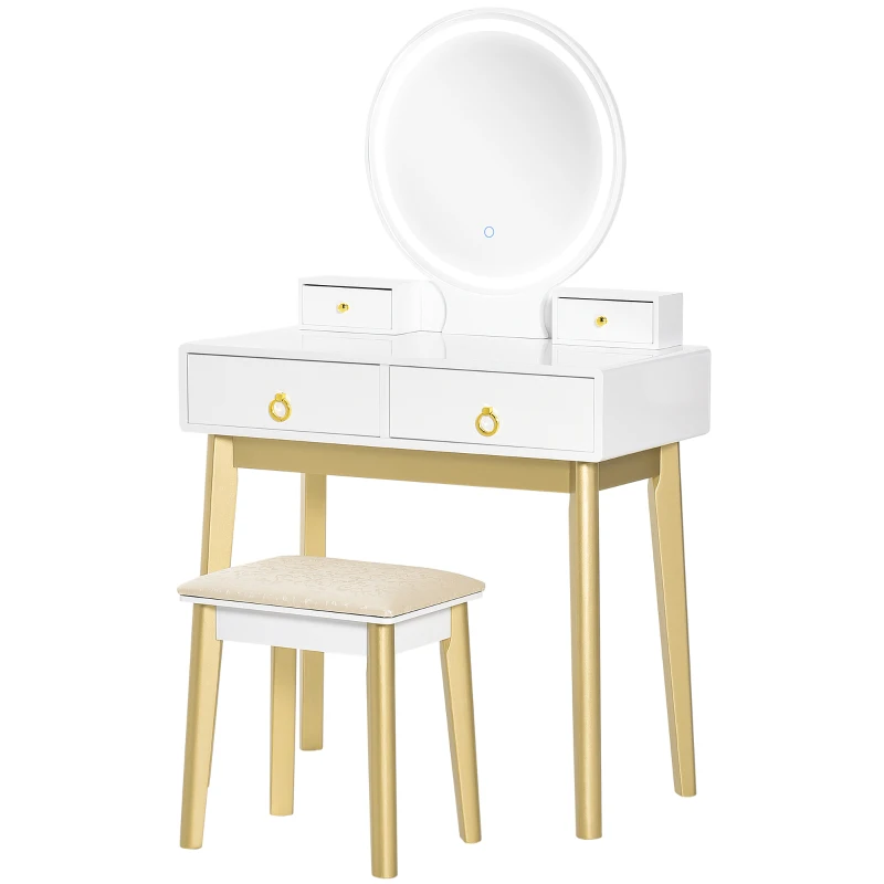 HOMCOM Tocador con Espejo con Luz LED Ajustable y Taburete Juego de Mesa de Maquillaje con 4 Cajones de Almacenaje para Dormitorio 80x40x133 cm Blanco