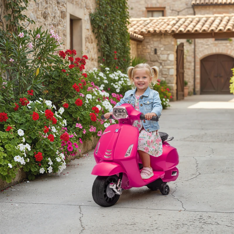 AIYAPLAY Mota Elétrica para Crianças 6V com Licença Vespa Rodas Auxiliares Velocidade de 2,5km/h Farol e Buzina 71x37x52 cm Rosa
