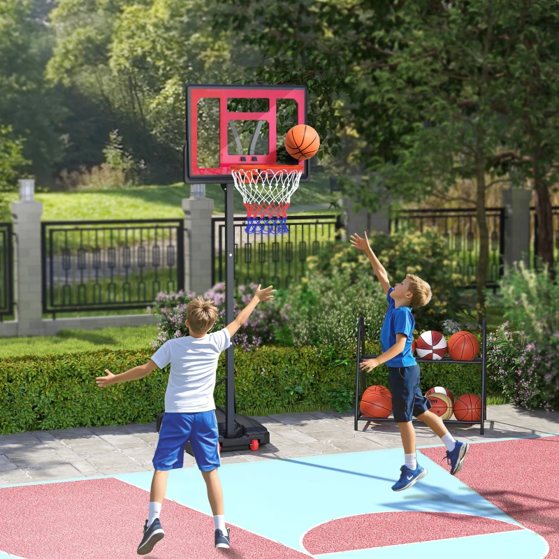 AIYAPLAY Kinderbasketbalring, Outdoor met Verstelbare Hoogte 200-260 cm, met Wielen, vanaf 6 Jaar, Rood