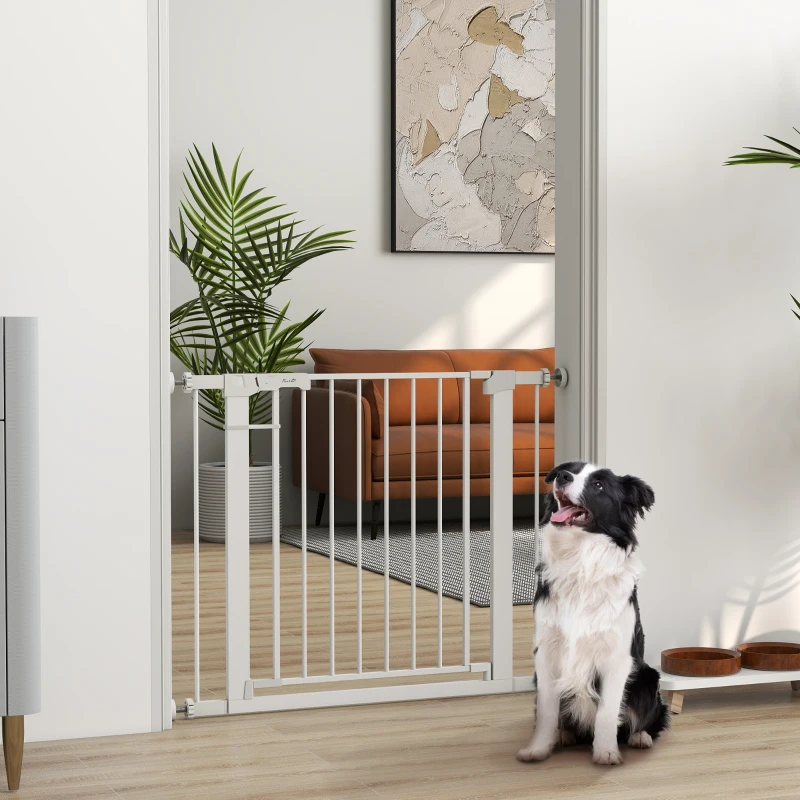 PawHut Deurhek, montage zonder boren, verstelbare breedte 75-96 cm, met één hand te openen, metaal, wit, 76 cm hoog