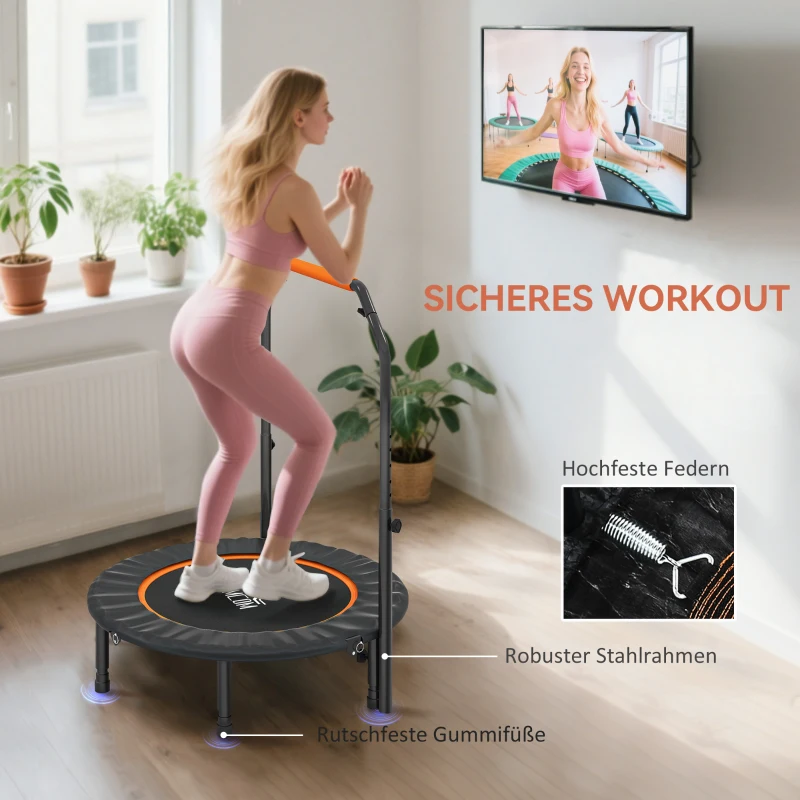 HOMCOM Fitness Trampoline, Opvouwbaar, Verstelbaar Handvat, Ø102 x 123H cm, tot 100 kg, Zwart