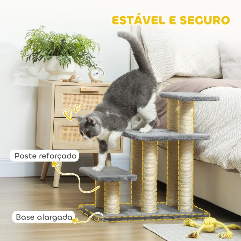 PawHut Escada para Gatos de 3 Degraus Altura Ajustável com Postes para Arranhar e Bola Pendurada Carga 10 kg 52x34,5x54 cm Cinzento