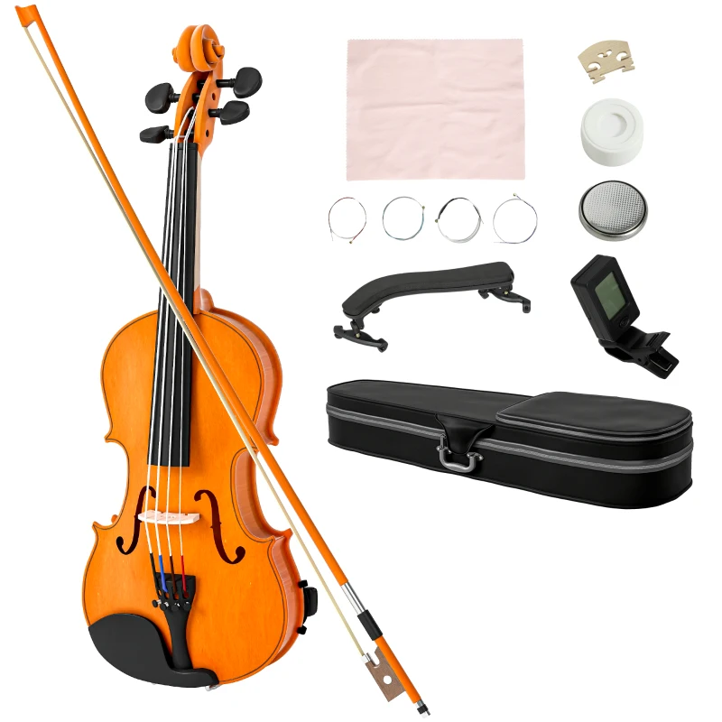 HOMCOM Violine 4/4, Holz-Set für Erwachsene und Anfänger, mit leichtem, tragbarem Etui, Bogen, Kolophonium, Steg und Schulterstütze, braun