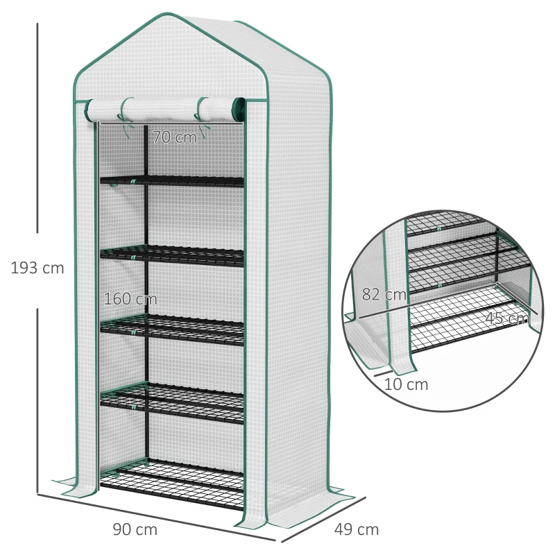 Outsunny Serra da Giardino con 5 Ripiani e Porta Arrotolabile, Telo in PE Rinforzato Resistente, 90L x 49l x 193A cm, Bianco