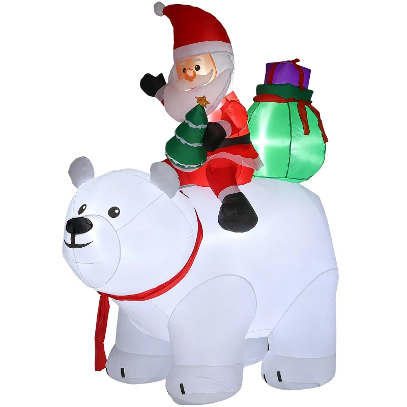 Outsunny Père Noël gonflable de Noël sur ours polaire 200 cm, 5 lumières LED, décoration de Noël intérieure et extérieure, blanc