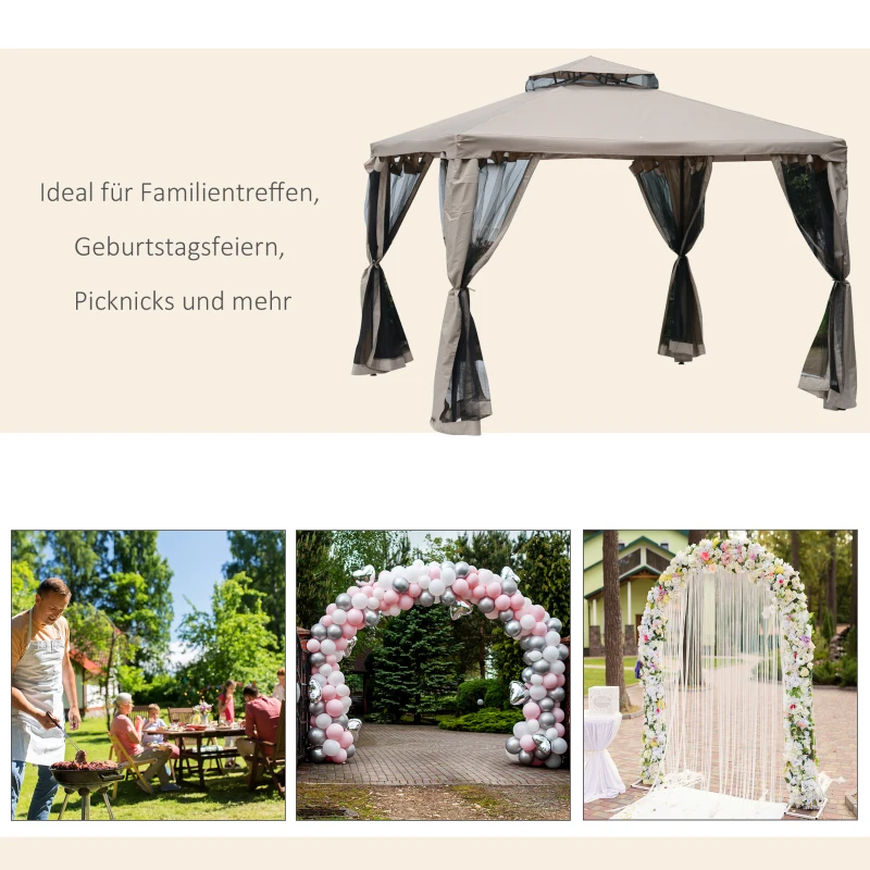 Outsunny Tuinpaviljoen 3x3, Tuin Paviljoen met Dubbel Dak, UV Bescherming voor Familie, Grauw