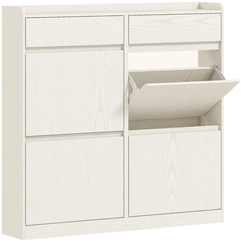 HOMCOM Sapateira Estreita com 4 Portas Sapateira para Entrada com 2 Gavetas para 8 Pares de Sapatos 98x19,2x95,3 cm Branco