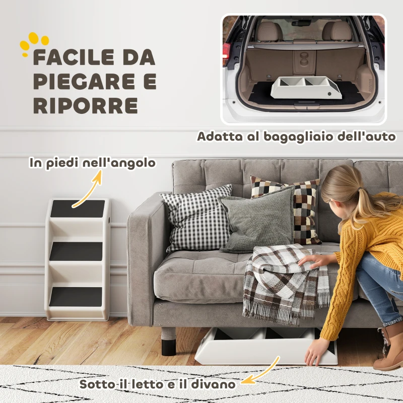 PawHut Scaletta per Cani e Gatti con 3 Scalini Antiscivolo, Design Pieghevole con Capacità 10 kg, Crema