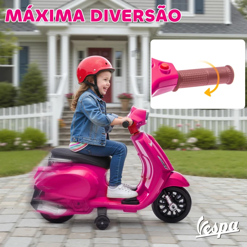 AIYAPLAY Mota Elétrica para Crianças 6V com Licença Vespa Rodas Auxiliares Velocidade de 2,5km/h Farol e Buzina 71x37x52 cm Rosa