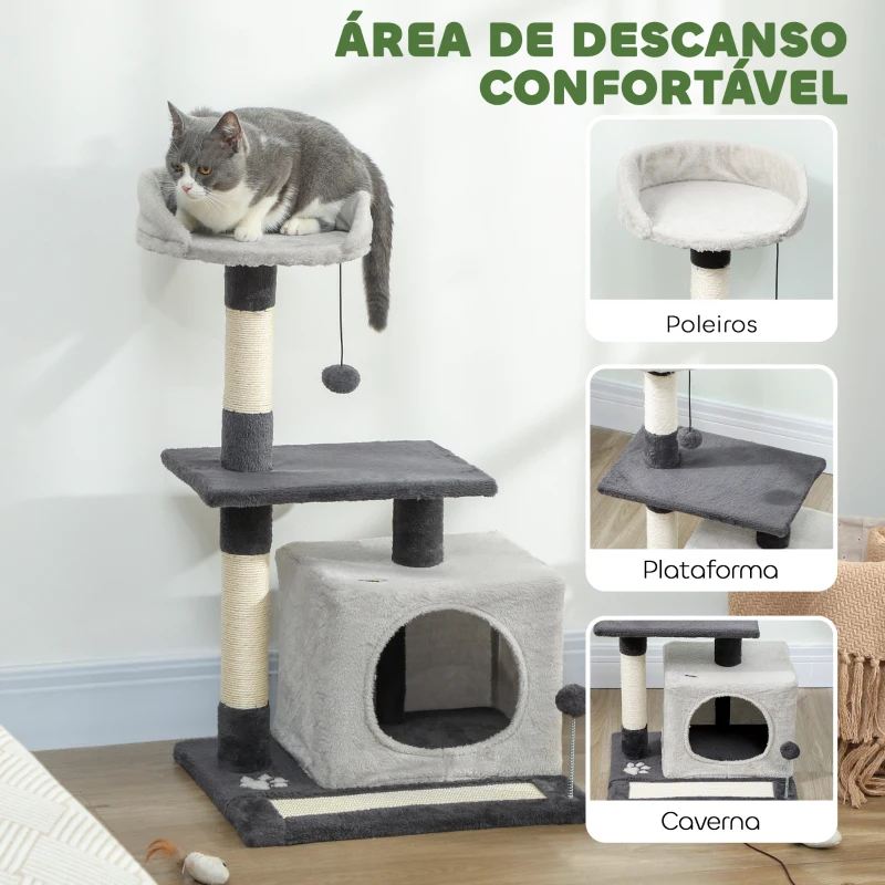 PawHut Arranhador para Gatos com Plataformas Caverna Postes Arranhadores Tapete de Sisal e Bolas 48x40x85 cm Cinzento Claro e Preto