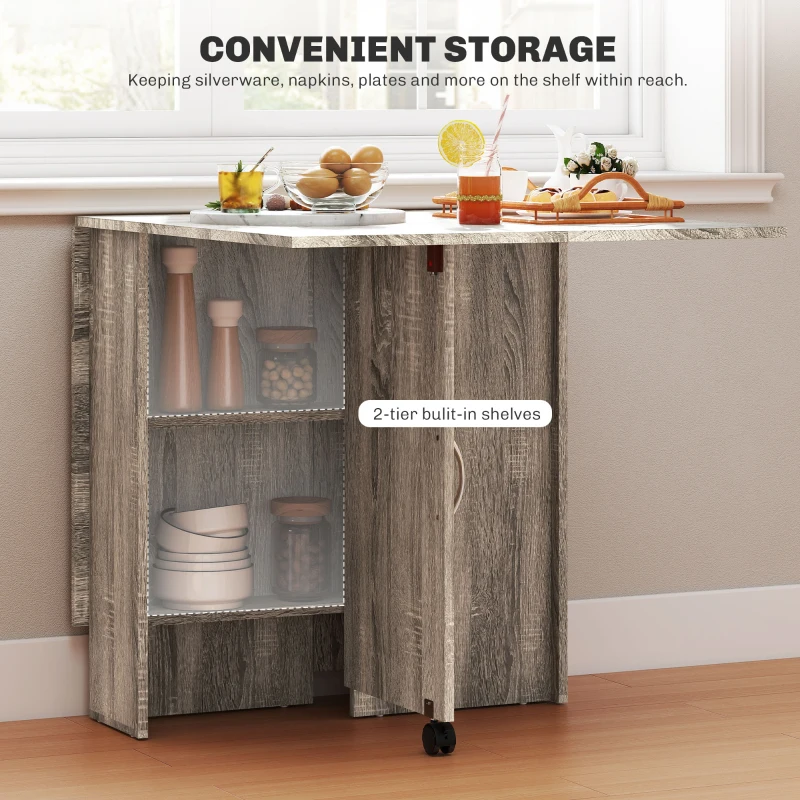 HOMCOM Folding Dining Table, Drop Leaf Table with 2-Tier Shelves, Rolling Casters, for Small Spaces, Kitchen, Grey