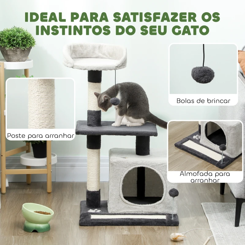 PawHut Arranhador para Gatos com Plataformas Caverna Postes Arranhadores Tapete de Sisal e Bolas 48x40x85 cm Cinzento Claro e Preto