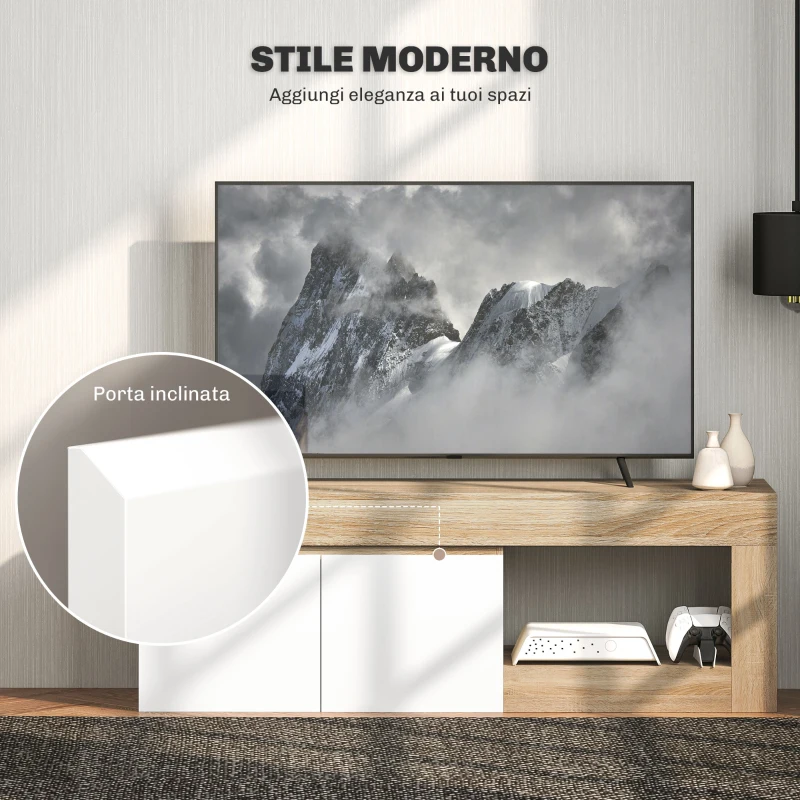 HOMCOM Mobile TV Moderno 60" max con Armadietto 2 Ante e Ripiano Aperto, 140x40x48 cm, Bianco e color Legno