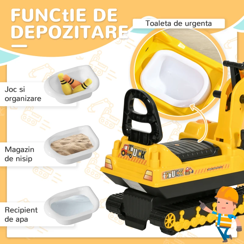 HOMCOM excavator de jucarie pentru copii, 78x24x58,5cm, galben