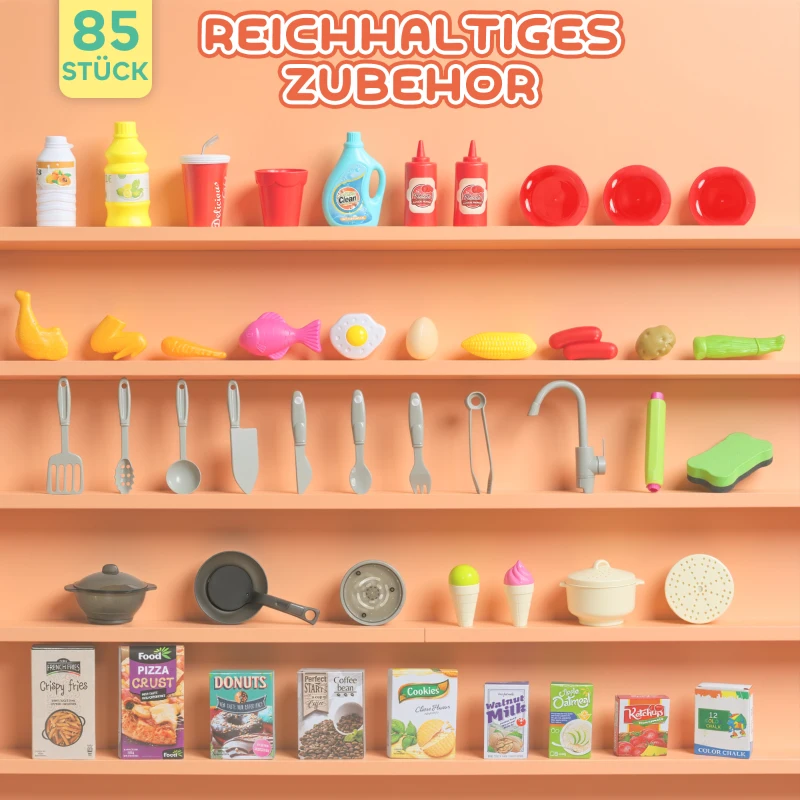 AIYAPLAY Speelkeuken met stromend water, 85-delig accessoireset, elektrische kraan, verlichting, geluiden, voor kinderen van 3-6 jaar