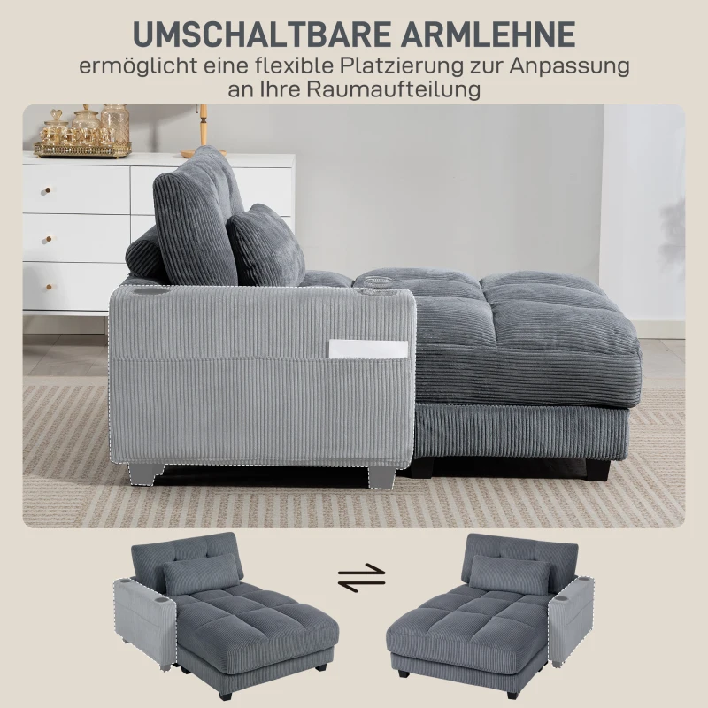HOMCOM Slaapbank met kussen, schuimvulling, omvormbaar tot bed, bekerhouder, grijs(m-7)