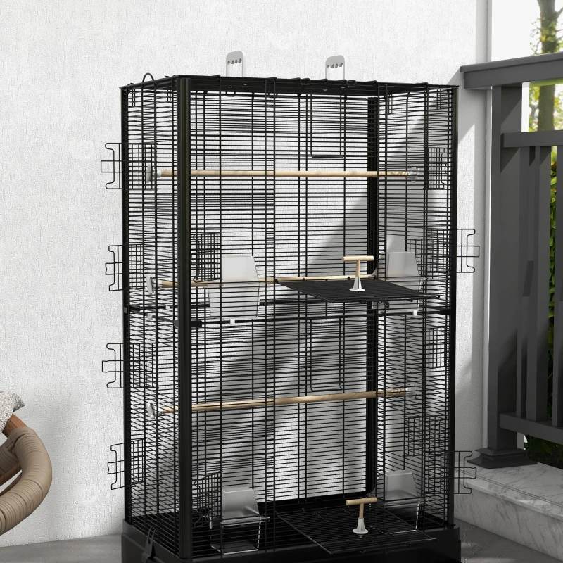 PawHut Bird Cage with Removable Tray and Perches, Aviary for Parrots, 61x36.5x98 cm, Black