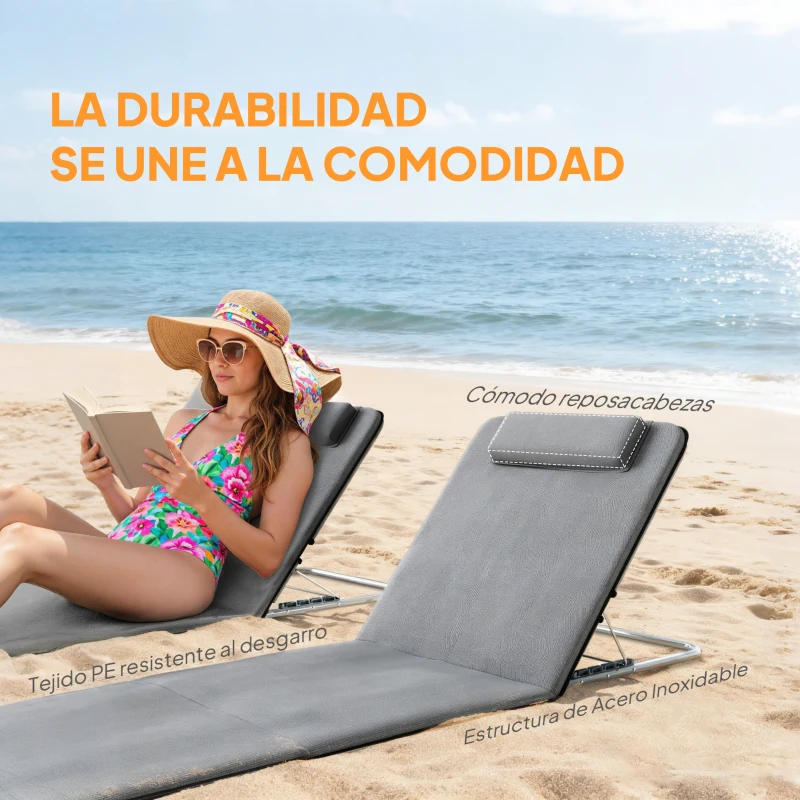 Outsunny Conjunto de 2 Esterillas con Respaldo Reclinable en 5 Niveles Reposacabezas y Bolsa de Transporte 134x48x33-43 cm Gris