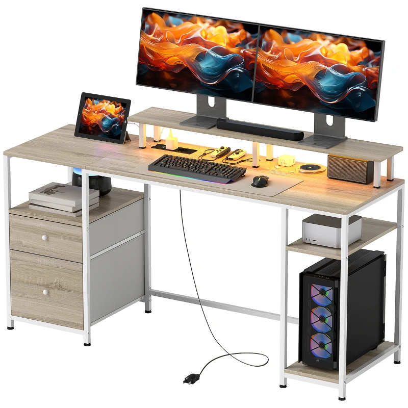 HOMCOM Bureau d'ordinateur bureau lumières LED réglables 2 prises ports USB tiroirs étagères 155,5x48x88,5cm effet bois naturel