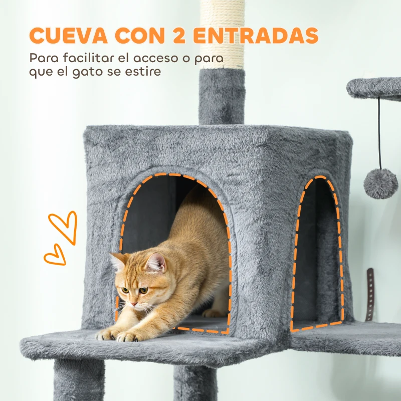 PawHut Árbol Rascador para Gatos con Plataforma Torre Escalador para Gatos con Cama Cuevas Postes de Sisal 60x48x202 cm Gris