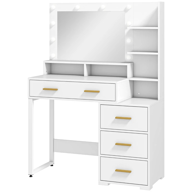 HOMCOM Tavolo da Trucco in Legno con 4 Cassetti, 6 Ripiani Aperti e Specchio, 100x40x138 cm, Bianco