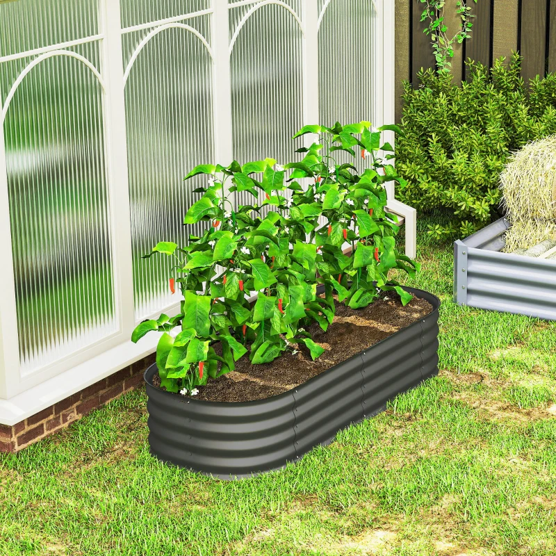 Outsunny Galvanised Raised Garden Bed, Metal Planter Box with Safety Edging, for Flowers, Herbs, Succulents, Dark Grey
