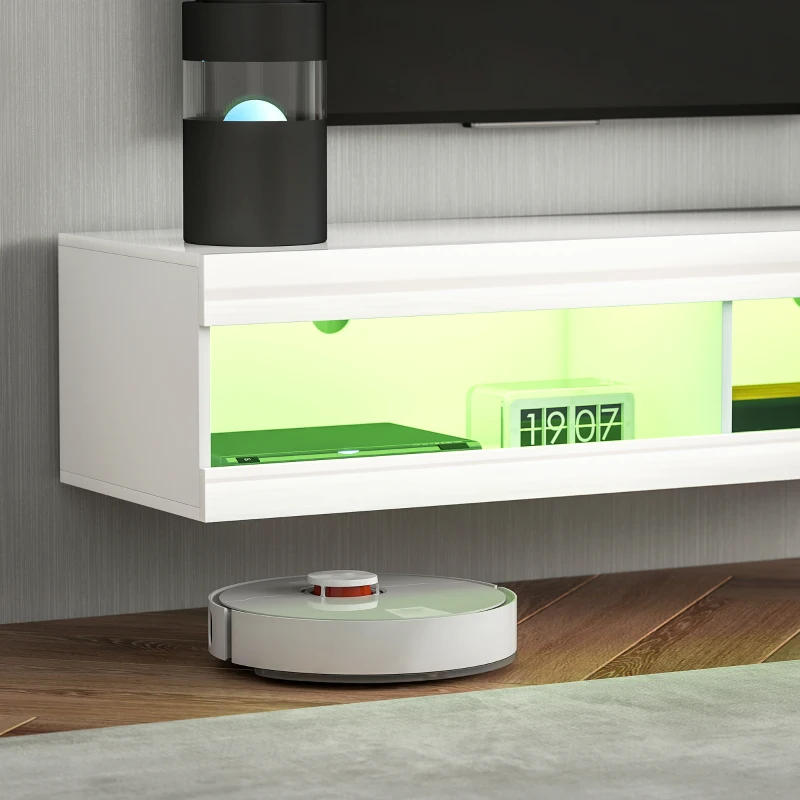 HOMCOM Mueble de TV Suspendido con Luces LED con Control Remoto Compartimentos Orificios Pasacables 140x40x30 cm Blanco Brillo