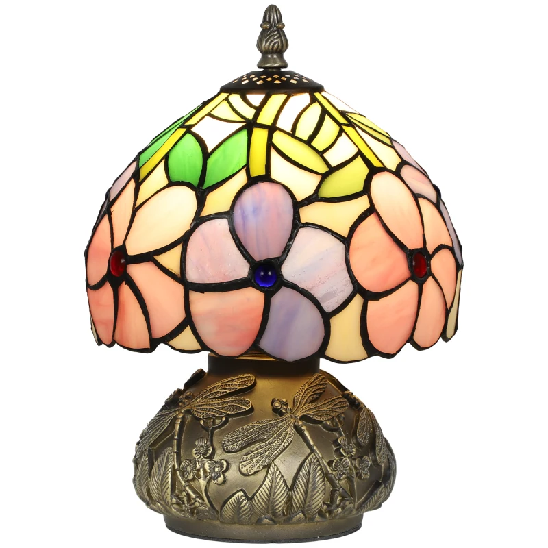 HOMCOM Tiffany-Style Table Lamp with Sculpted Dragonfly Base, Handcrafted Antique Stained Glass Bedside Lamp for Living Room and Bedroom, E27 Socket, Pink