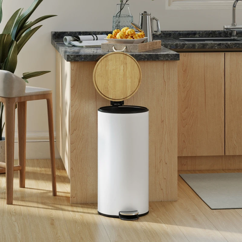 HOMCOM Cubo de Basura Cocina 30L con Pedal Tapa de Bambú de Cierre Suave y Cubo Extraíble para Dormitorio Oficina Salón Blanco