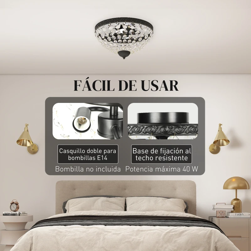 HOMCOM Lámpara de Techo de Cristal Vintage con 2 Casquillos E14 40W con 168 Cuentas de Cristal para Dormitorio Salón Negro