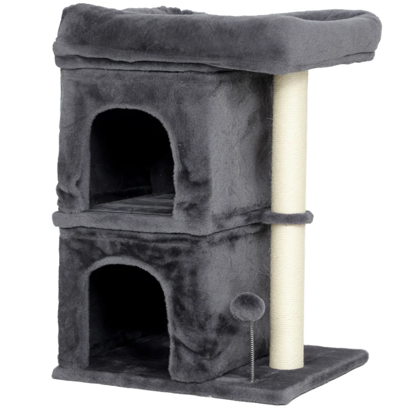 PawHut Árbol Rascador para Gatos Árbol para Gatos 66 cm con Cama 2 Cuevas Poste de Sisal Bola para Jugar Gris Oscuro