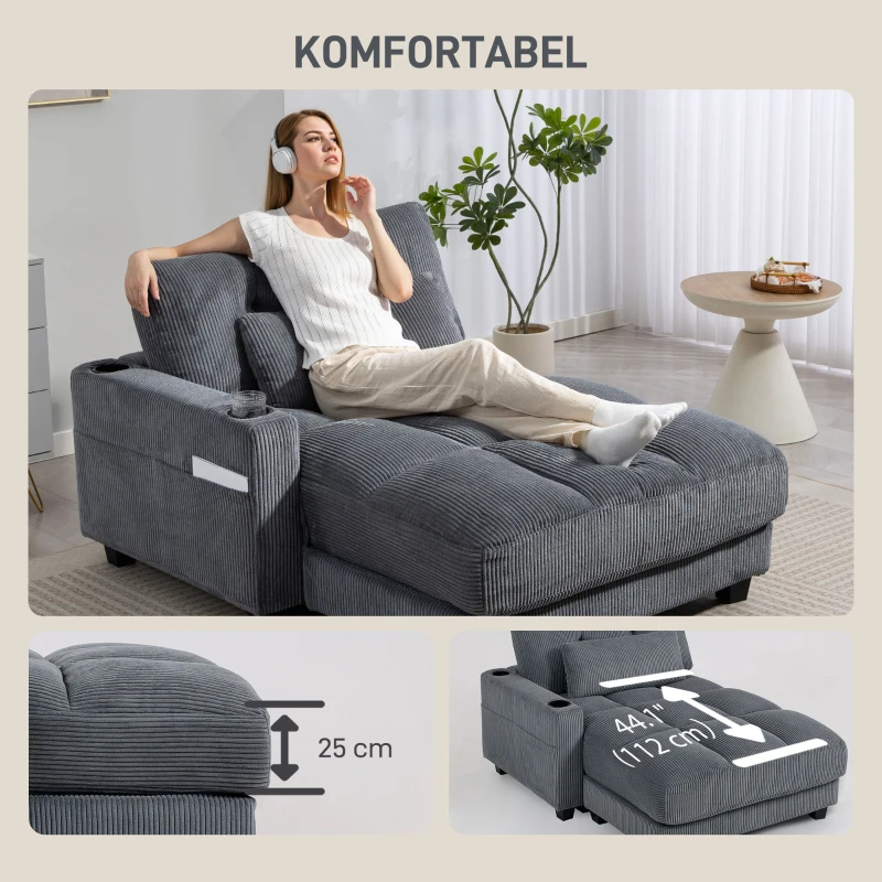 HOMCOM Slaapbank met kussen, schuimvulling, omvormbaar tot bed, bekerhouder, grijs(m-6)