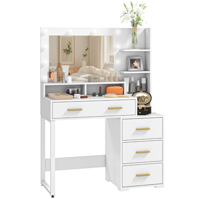 HOMCOM Coiffeuse avec miroir et 9 lumières LED, 4 tiroirs et 6 compartiments ouverts, 100 x 40 x 138 cm, blanc