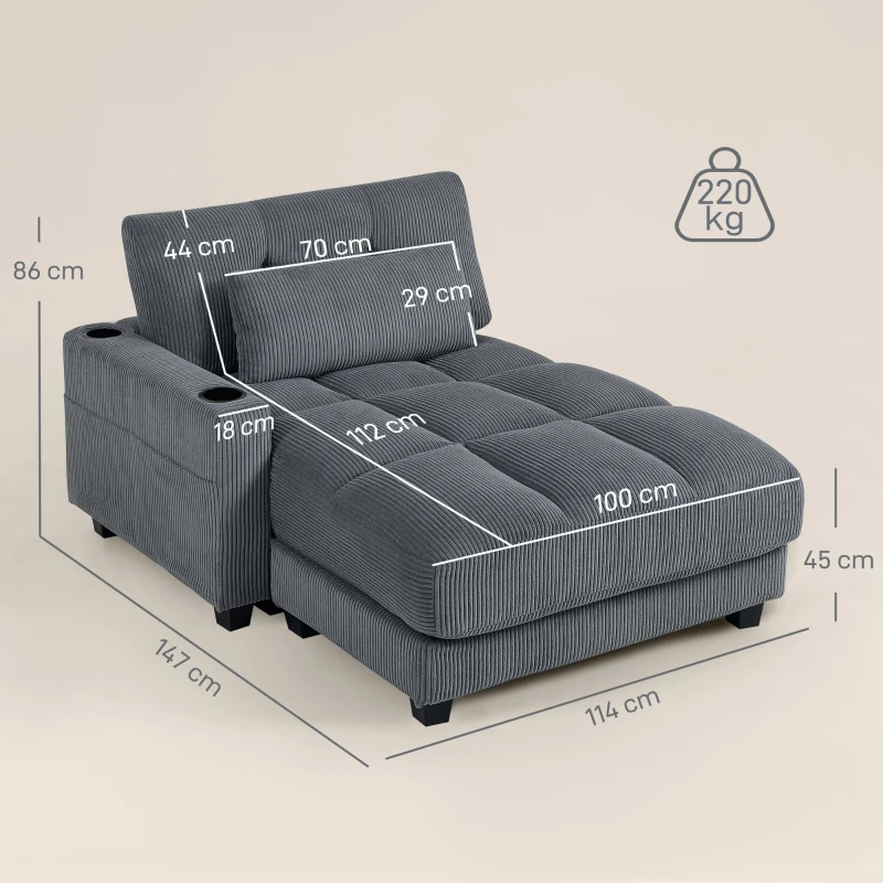 HOMCOM Slaapbank met kussen, schuimvulling, omvormbaar tot bed, bekerhouder, grijs(m-3)