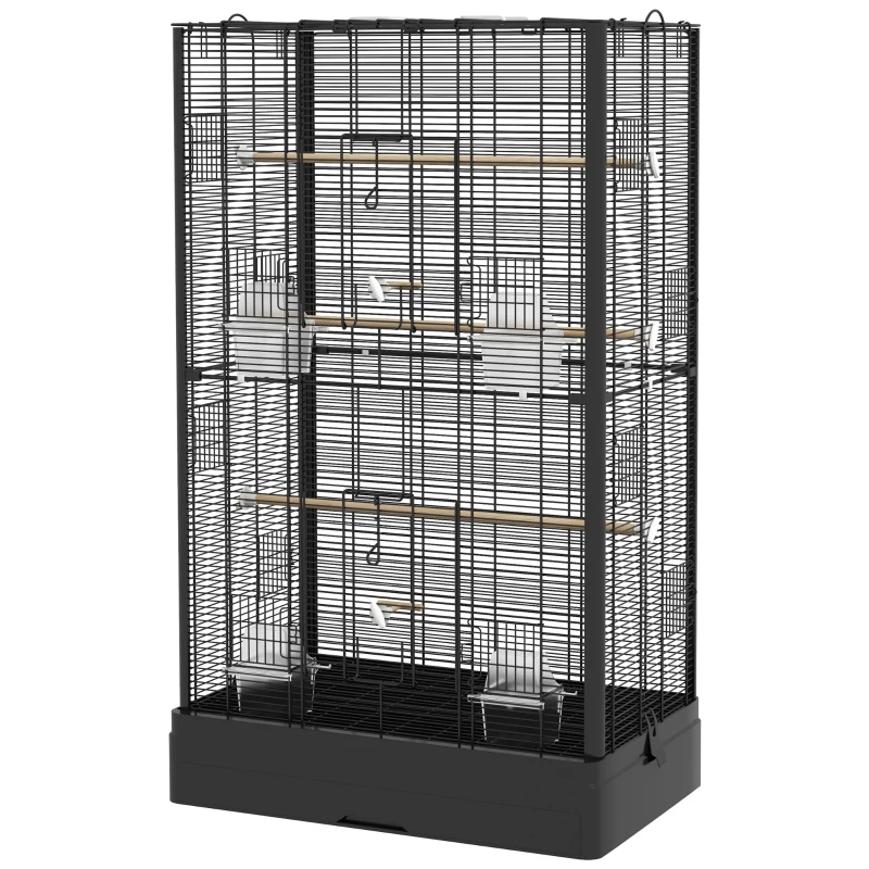 PawHut Bird Cage with Removable Tray and Perches, Aviary for Parrots, 61x36.5x98 cm, Black