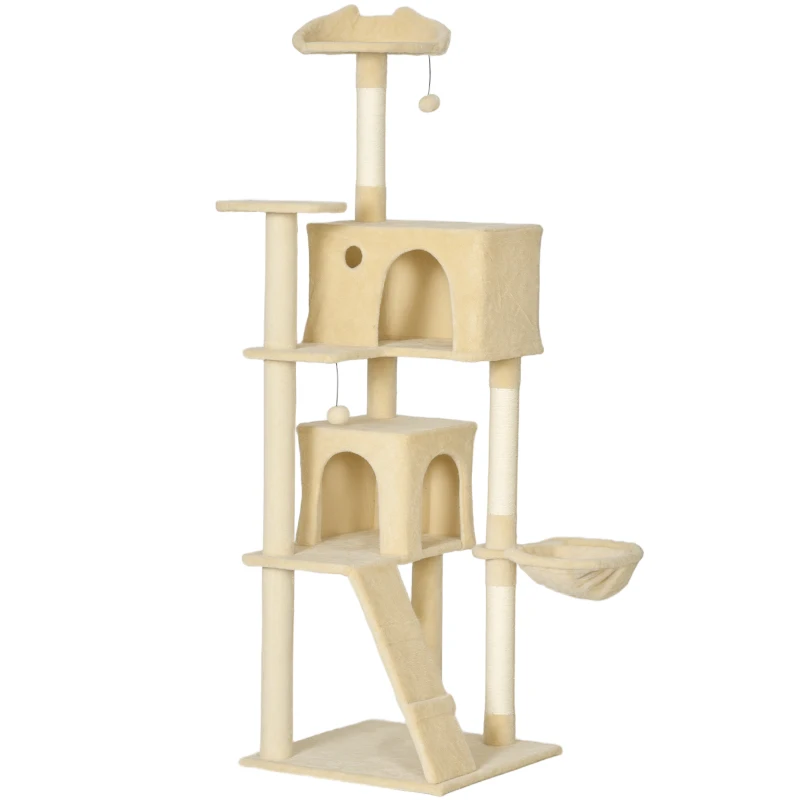 PawHut Árbol Rascador para Gatos 180 cm con Plataformas Cama 2 Cuevas Hamaca Escalera Postes de Sisal Beige