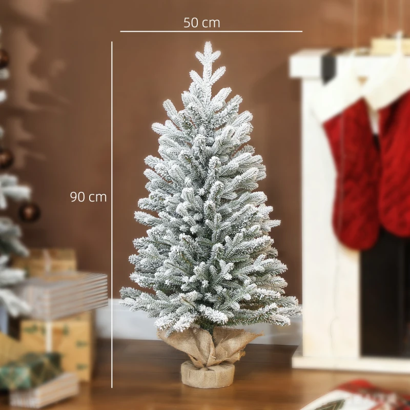 HOMCOM Mini Kunstkerstboom 90 cm met sneeuw, 486 takken, cementvoet met linnenbekleding