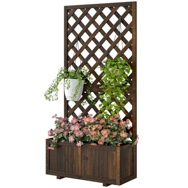 Outsunny Jardinera con Enrejado de Madera Macetero de Jardín con Soporte para Trepadora 72,5x31,5x149,5 cm Carbonizado