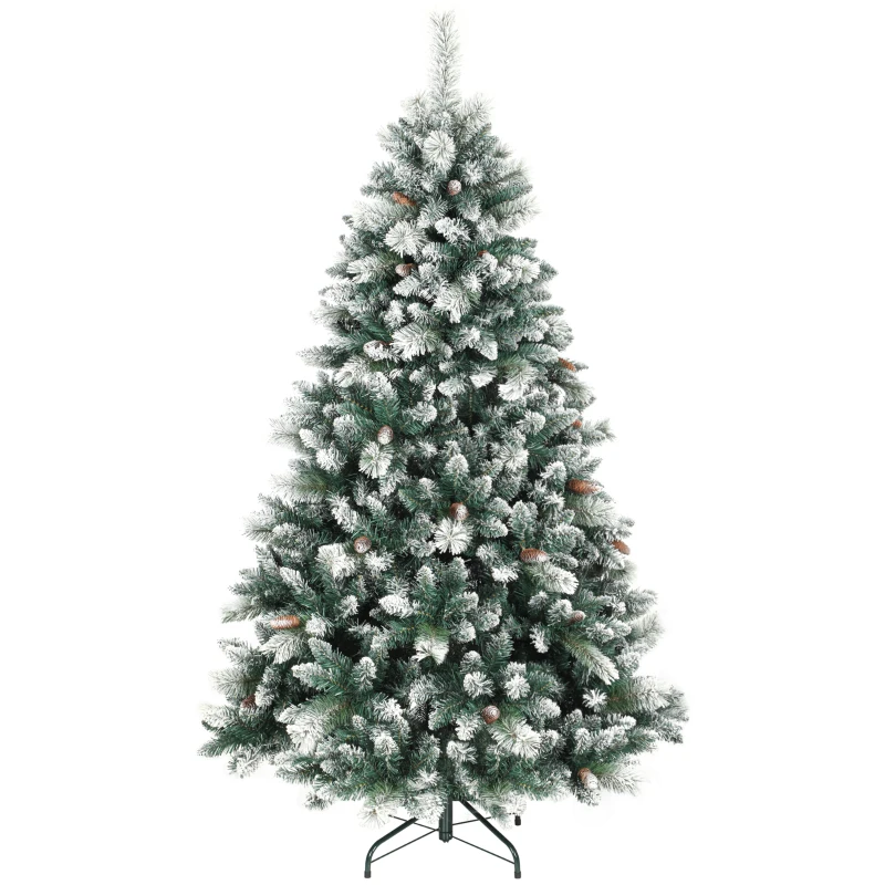 HOMCOM Kunstkerstboom 180 cm met sneeuw, 1000 uiteinden, 34 dennenappels, brede basis