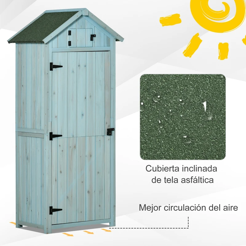Outsunny Armario de Jardín de Madera Armario de Almacenamiento Cobertizo de Jardín con Estantes 77x54,2x179 cm Azul y Verde
