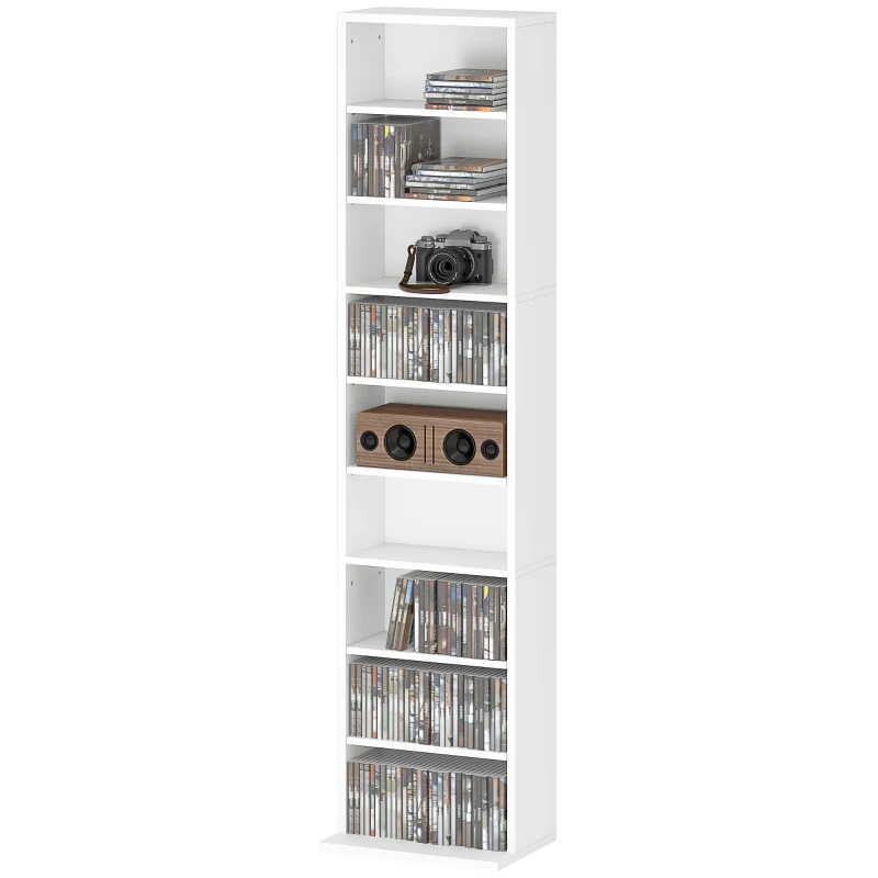 HOMCOM Étagère porte-CD avec 6 étagères réglables, capacité de 260 CD/120 DVD, 33x24x140 cm, Blanc