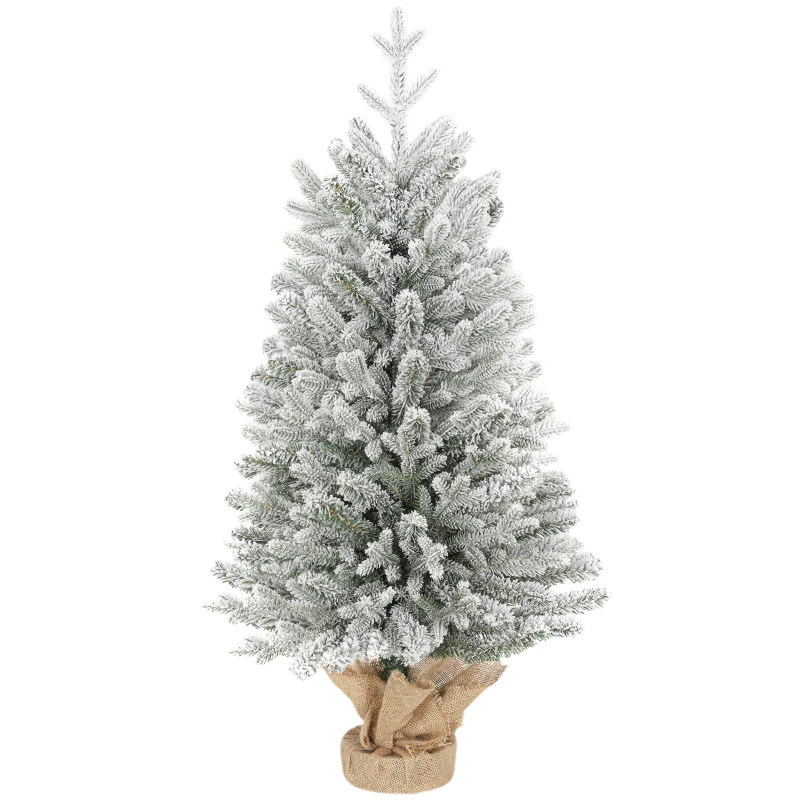 HOMCOM Mini Kunstkerstboom 90 cm met sneeuw, 486 takken, cementvoet met linnenbekleding