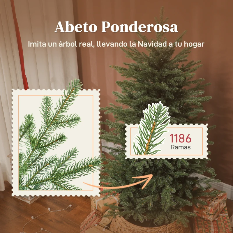 HOMCOM Árbol de Navidad Artificial 150 cm con 1186 Ramas y Soporte Metálico Plegable Fácil Montaje para Salón Interior Verde