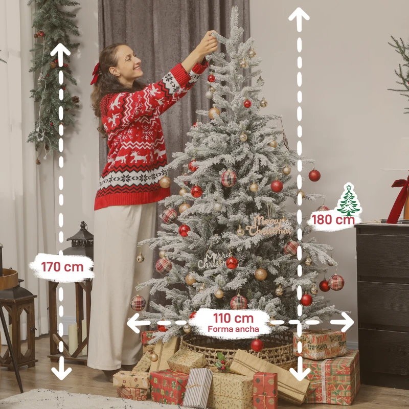HOMCOM Árbol de Navidad Nevado 180 cm con 1207 Ramas Base Plegable Diseño por Secciones Fácil de Montar