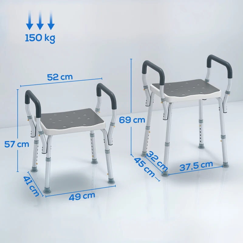 HOMCOM Tabouret de douche pour personnes âgées et handicapées avec accoudoirs, hauteur réglable, patins antidérapants, gris(m-3)