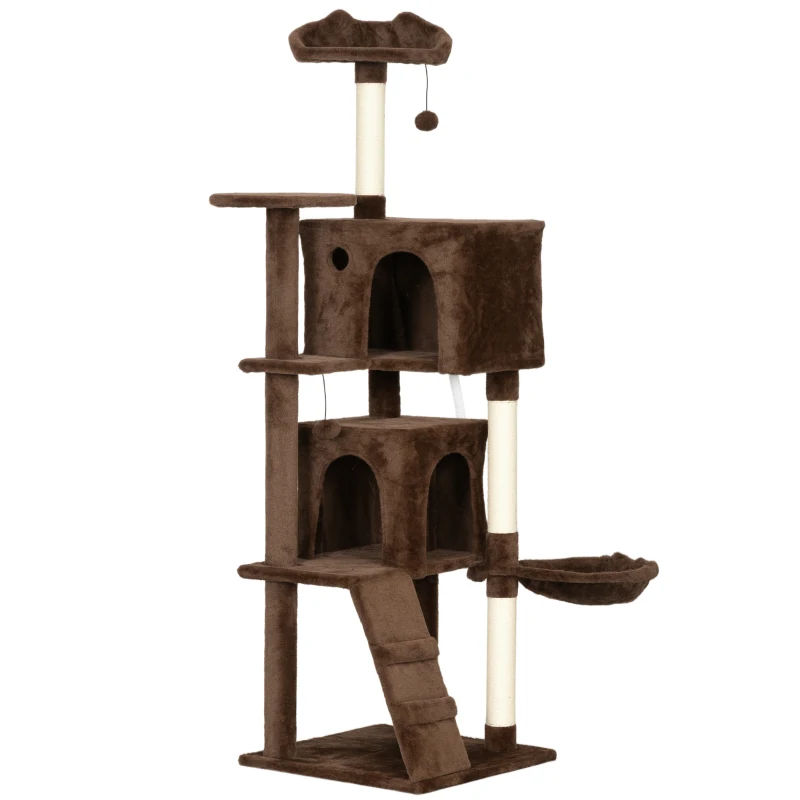 PawHut Árbol Rascador para Gatos 160 cm con Plataformas Cama 2 Cuevas Hamaca Escalera Postes de Sisal Marrón