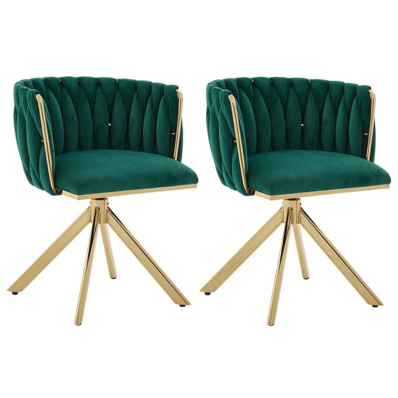 Set aus 2 Velours-Drehstühlen, 180°-Schwenkfunktion, Ergonomische Rückenunterstützung, 56 x 50 x 70 cm, Smaragdgrün