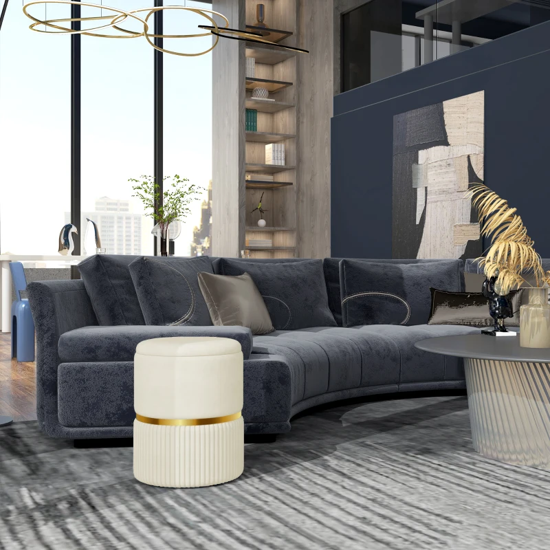 HOMCOM Puf taburete reposapiés baúl de almacenamiento en terciopelo acanalado 36 x 36 x 44 cm para salón dormitorio beige