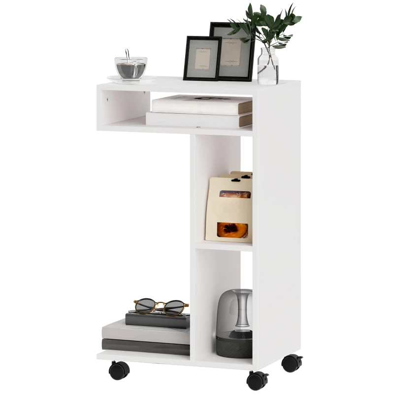 HOMCOM Table d'appoint en forme de C avec roulettes, avec 3 compartiments et 1 étagère ouverte, 40 x 30 x 69 cm, blanc