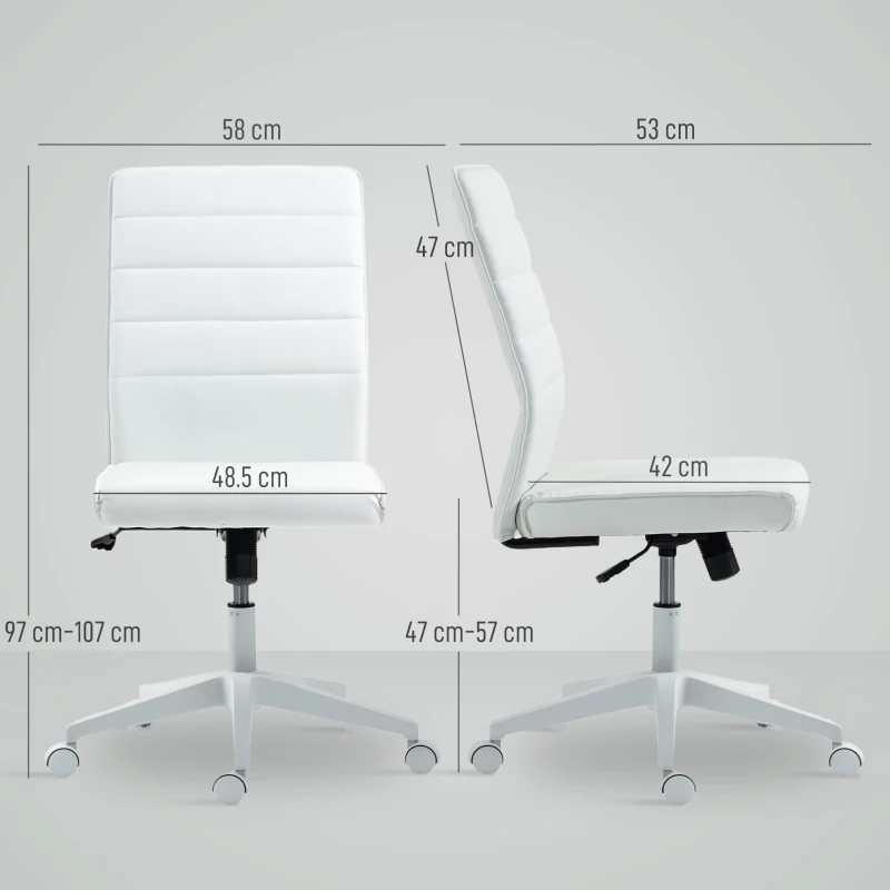 HOMCOM Scaun de Birou Ergonomic și Reglabil cu Spătar Curbat, din Piele PU și Oțel, 58x53x97-107 cm, Alb